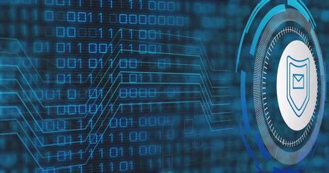 Image of data processing with shield icon over blue background Illustrazione stock