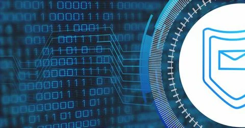 Image of data processing with shield icon over blue background Stockillustratie