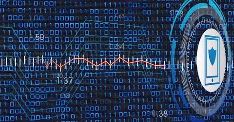 Image of data processing with shield icon over blue background Illustrazione stock