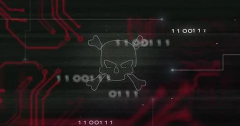 Image of data processing with skull symbol over computer circuit board on black 库存插图