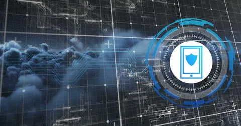 Image of data processing with smartphone icon over clouds Illustrazione stock