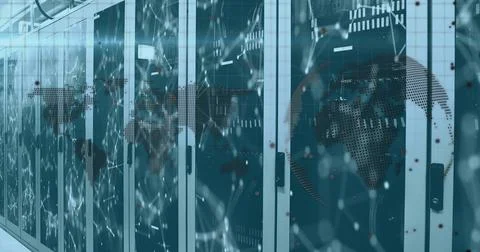 Image of data processing with spinning globe and world map over transparent Illustrazione stock