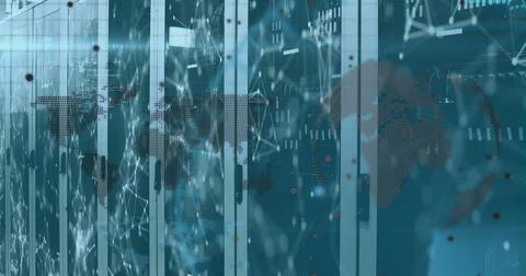 Image of data processing with spinning globe and world map over transparent Ilustração Stock