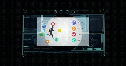 Image of data processing with sports icons on black background Stock Photos