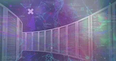 Image of data processing, spots of light and plexus networks against computer Stockfoto's