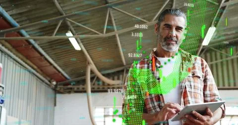 Image of data processing statistics over smiling casually dressed man using Illustrazione stock