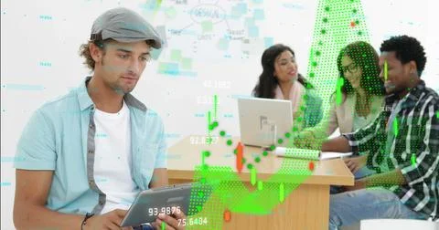 Image of data processing statistics over man using a digital tablet in a casual Stock Illustration