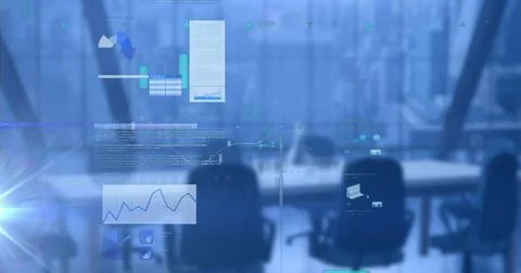 Image of data processing with statistics over empty office on blue background Stock Photos