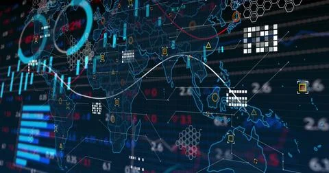 Image of data processing with statistics over world map Stock Photos