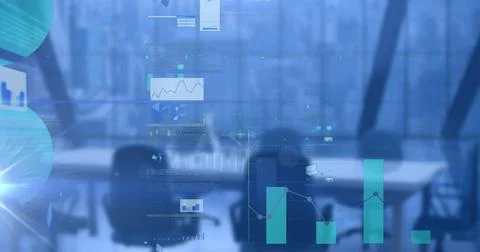 Image of data processing with statistics over empty office on blue background Foto stock
