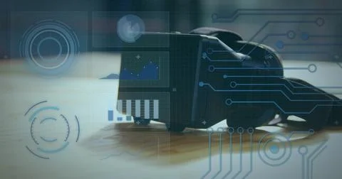 Image of data processing with statistics recording, scope scanning over vr Stock Photos