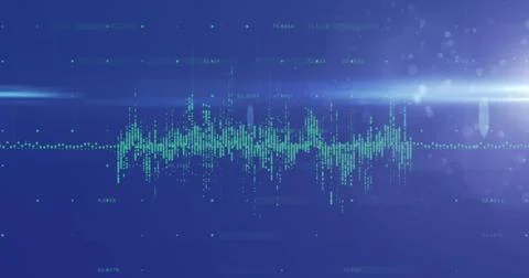 Image of data processing with stock market and light spots over blue background Stock Photos