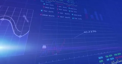 Image of data processing with stock market and light spots over blue background Stock Photos