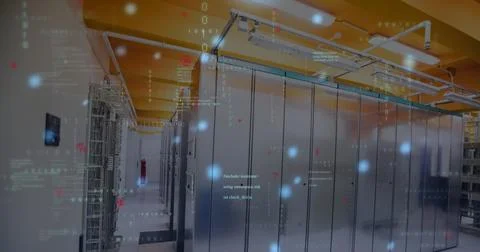 Image of data processing, symbols and blue glowing spots against computer s.. 写真素材