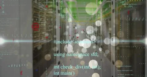 Image of data processing, symbols, white spots and light trails against com.. Stock Photos