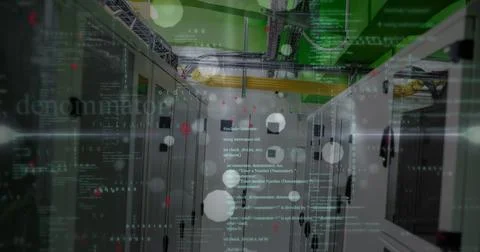 Image of data processing, symbols, white spots and light trails against com.. 스톡 사진