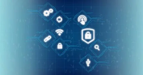 Image of data processing with technology icons on blue background Foto stock