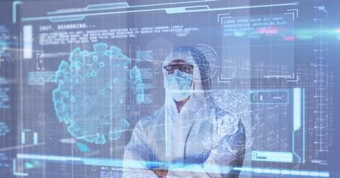 Image of data processing with virus cells over caucasian male doctor Stock Photos