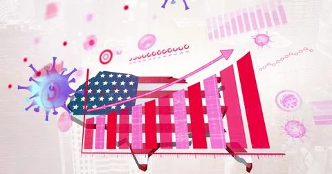 Image of data processing with virus icons over american flag Foto stock