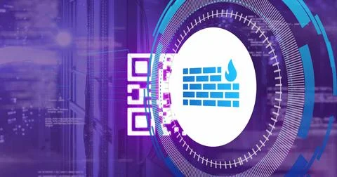 Image of data processing with wall icon and qr code over server room 写真素材