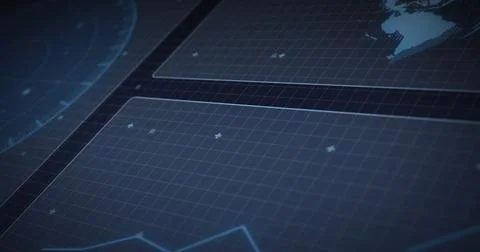Image of data processing, world map and scope scanning on screens over grid Ilustração Stock