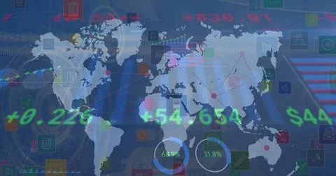 Image of data processing with world map over network of connections with icons 스톡 일러스트