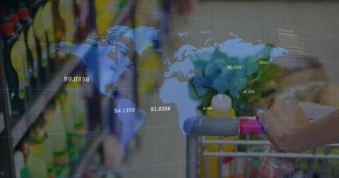 Image of data processing with world map over trolley in shop Stock Illustration