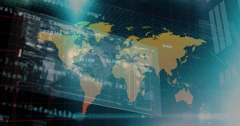 Image of data processing with world map on black background 스톡 일러스트