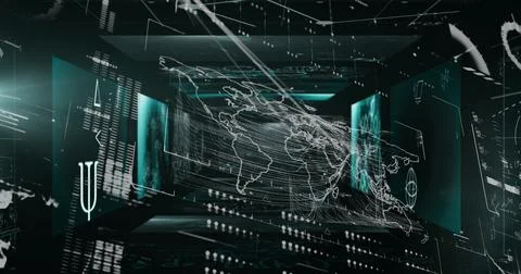 Image of data processing with world map on black background Stock Illustration