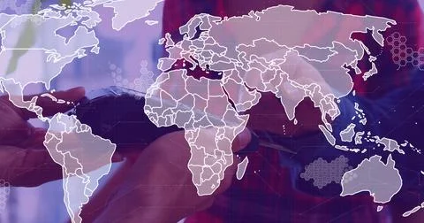 Image of data processing with world map over diverse people paying with credit Stock Photos