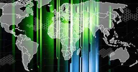 Image of data processing with world map over computer servers 스톡 사진