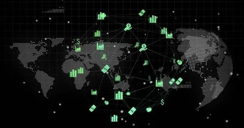 Image of data processing, world map and globe over black background Foto stock