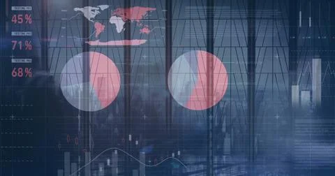 Image of data processing, world map and diagrams Stock Photos