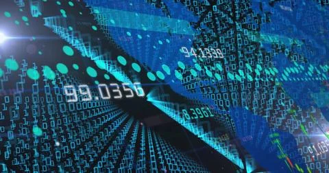 Image of data processing with world map on black background Stock Photos