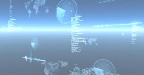 Image of data processing, world maps and statistics recording over glowing blue Ilustração Stock