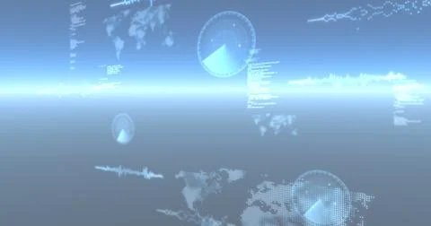 Image of data processing, world maps and statistics recording over glowing blue Ilustração Stock