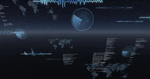 Image of data processing, world maps and statistics recording over universe Ilustração Stock