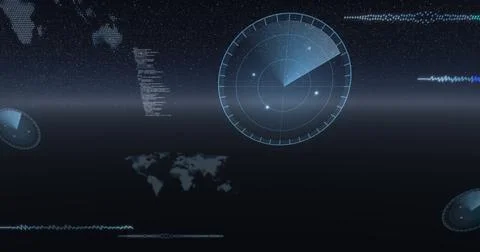 Image of data processing, world maps and statistics recording over universe Ilustração Stock