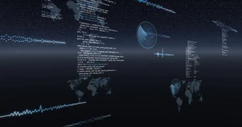 Image of data processing, world maps and statistics recording over universe Ilustração Stock
