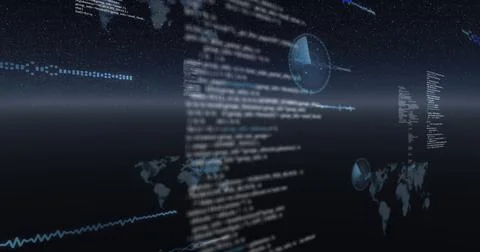 Image of data processing, world maps and statistics recording over universe Ilustração Stock