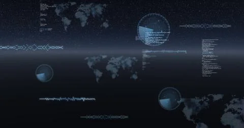 Image of data processing, world maps and statistics recording over universe Ilustração Stock