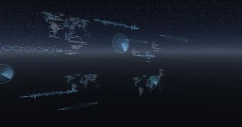 Image of data processing, world maps and statistics recording over universe Ilustração Stock