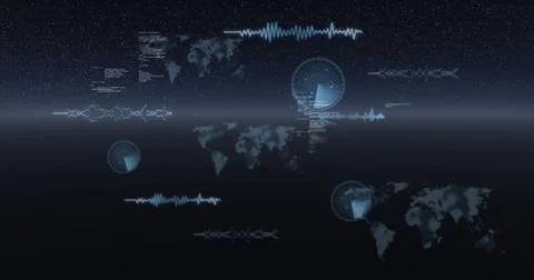 Image of data processing, world maps and statistics recording over universe Ilustração Stock