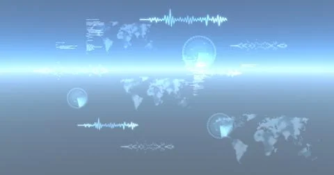 Image of data processing, world maps and scopes scanning over glowing blue Ilustração Stock