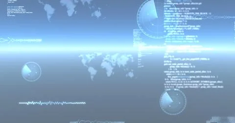 Image of data processing, world maps and scopes scanning over glowing blue Ilustração Stock
