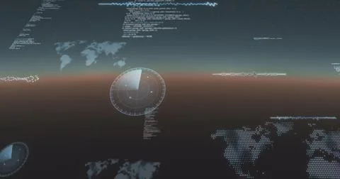 Image of data processing, world maps and statistics recording on gradient Illustrazione stock