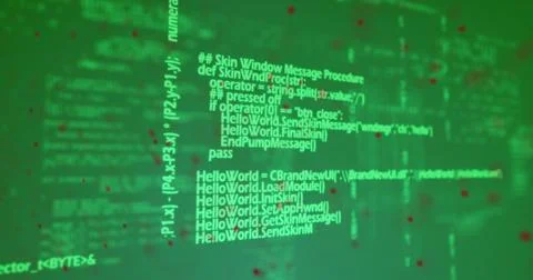 Image of data processsing over spinning dna structure against green background Stock Illustration