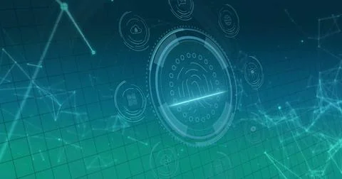 Image of data protection text and biometric security scanner over networks and Stock Illustration