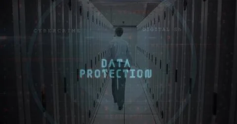 Image of data protection text, fingerprint, icons over rear view of man walking Stock Photos