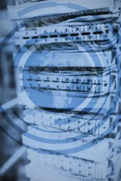 Image of data storage against world map and dial Illustrazione stock